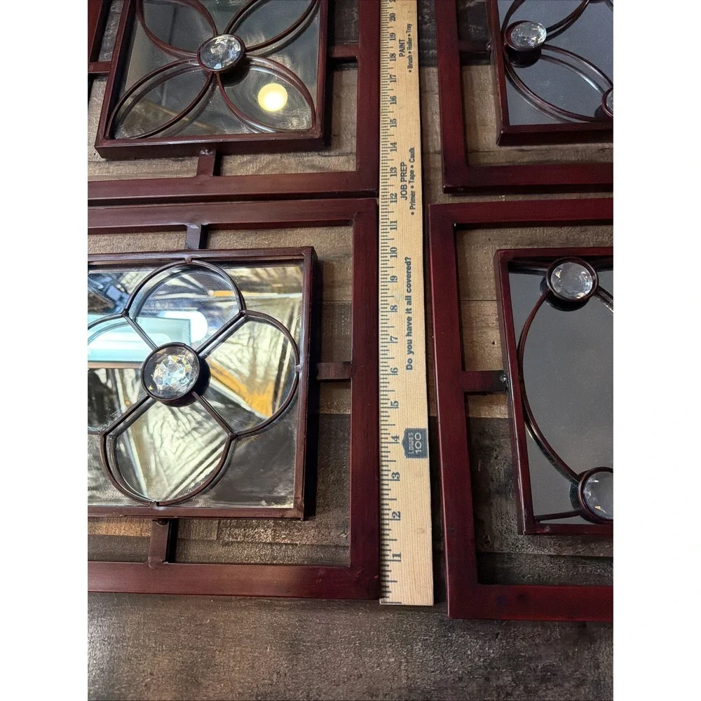 Set of 4 Vintage Gothic Wall Mirrors Red Metal Geometric Jeweled Window Panels